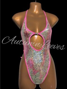 Holographic Cutout One-Piece Swimsuit with Hot Pink Trim